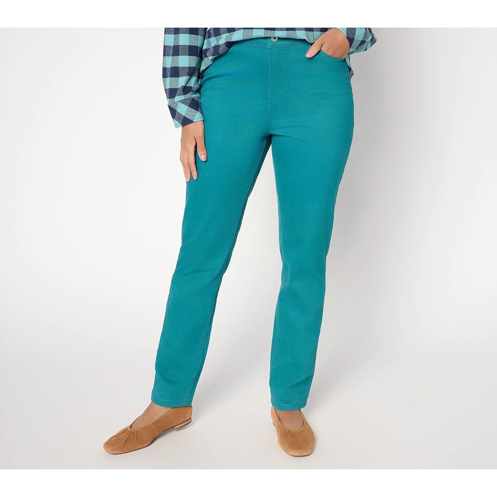 Denim & Co Fetite Woven Twill Slim Straight Pants Peacock: Petite 4 #590L